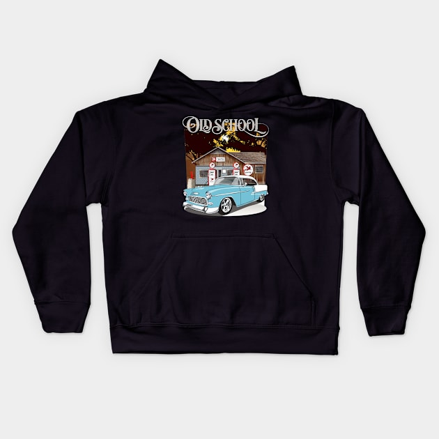 1955 Skyline Blue Chevy Bel Air Old School Kids Hoodie by RPM-ART